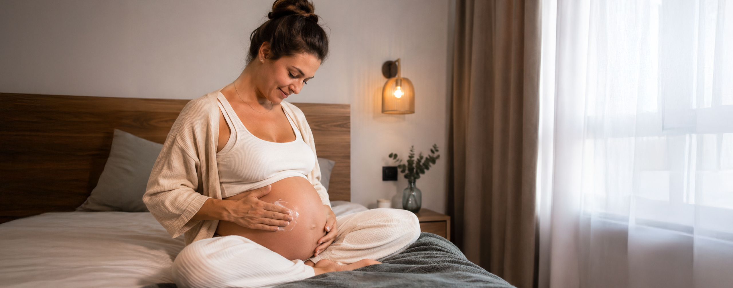 Schwangere Frau trägt Creme auf Babybauch im Bett auf -Creastrian Mama