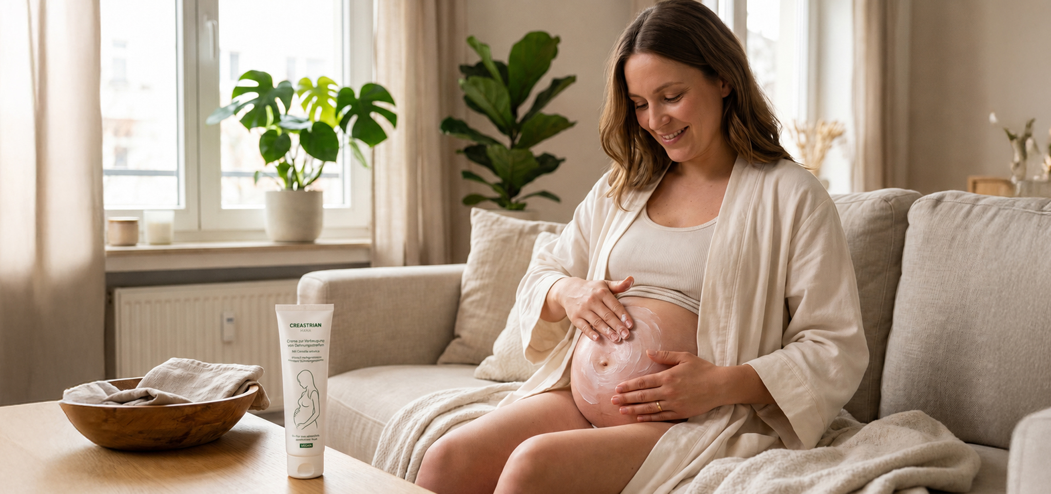 Schwangere Frau trägt Creme auf Babybauch auf -Creastrian Mama